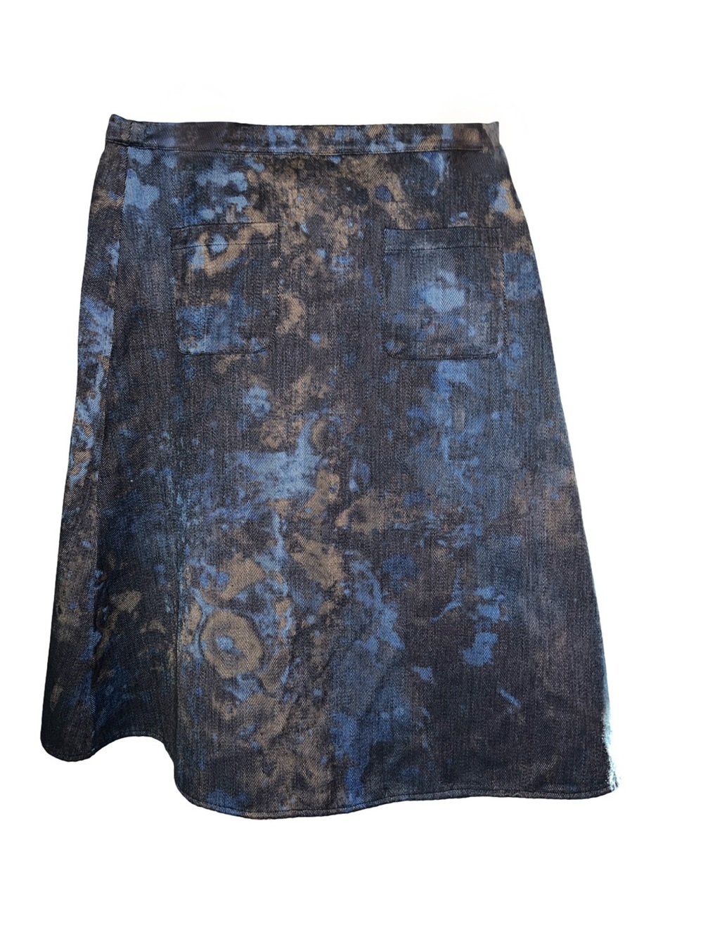 Ann Mashburn Indigo Blue Black Khaki Denim Watercolor Wrap Skirt Size Large